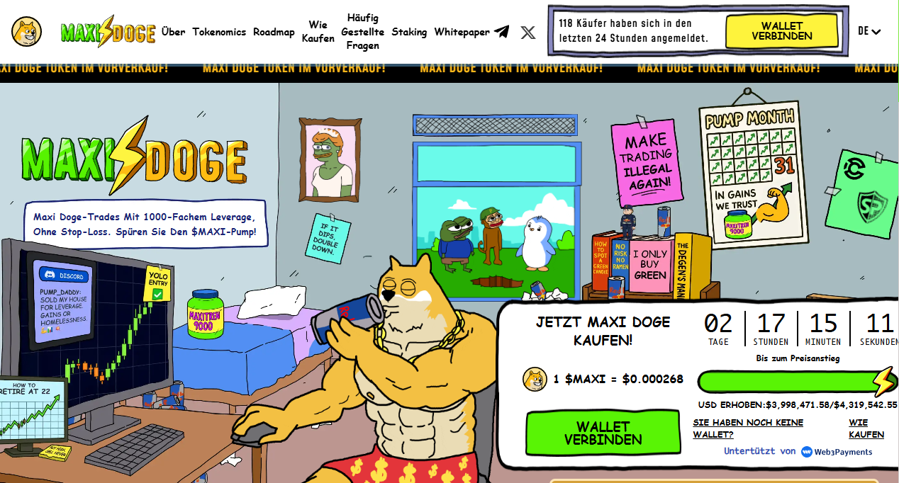 Maxi Doge: Presale-Setup mit Staking, Contests und Trading-Vibe
